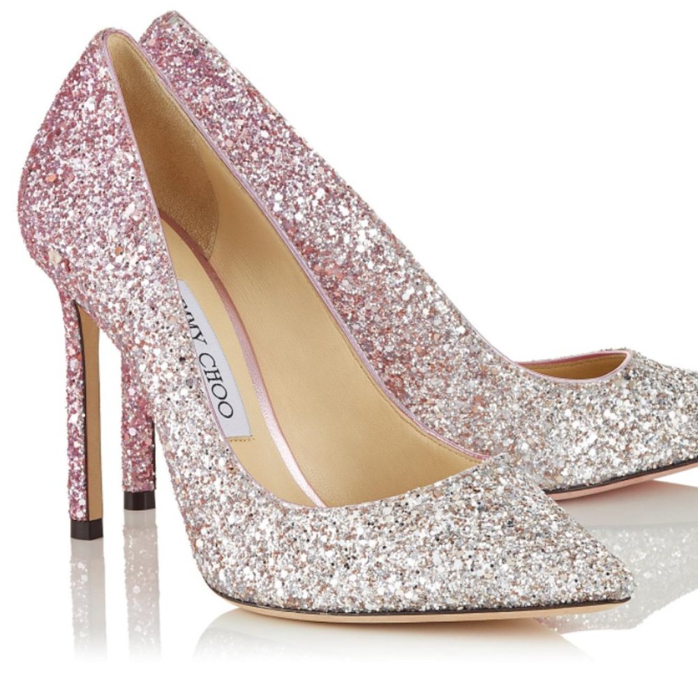 JIMMY CHOO ROMY 100  Platinum and Flamingo Ice Glitter Dégradé Fabric Pointy Toe